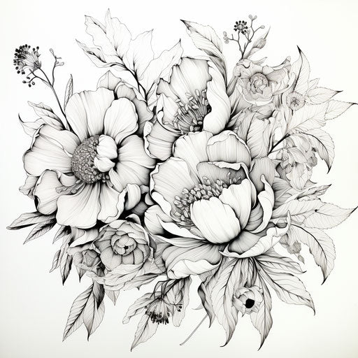 Floral sketch in bold black lines with realistic details