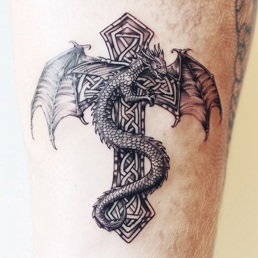 Celtic cross with coiled dragon, symbol of power and mystery