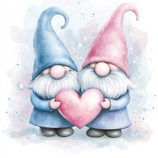 Adorable gnomes holding a pastel pink and blue heart