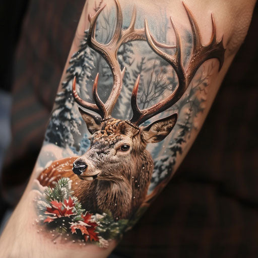 Realistic tattoo of a majestic stag on snowy white background