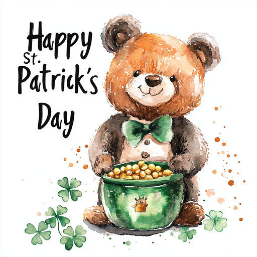 St. Patrick's Day bear with pot of gold and shamrocks