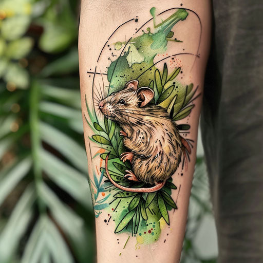 Vibrant tattoo sketch of a rat entwined with lush foliage in watercolor style