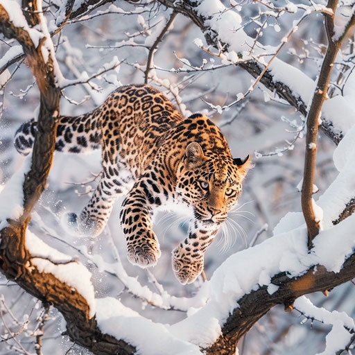Amur leopard leaping between snow-laden branches