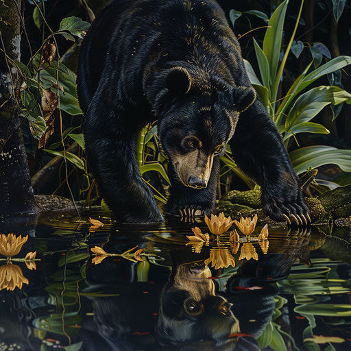 Sun bear mesmerized by its reflection in the calm river