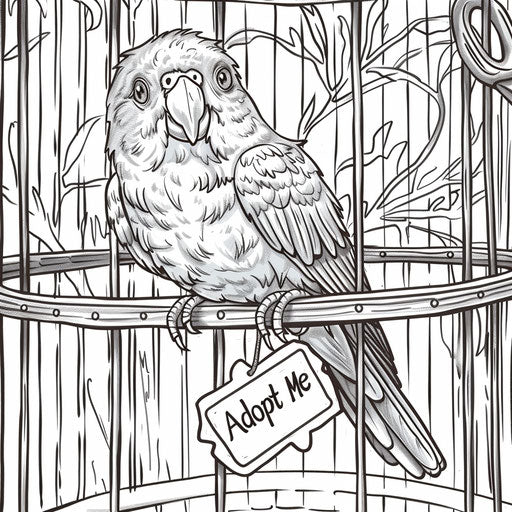 A playful parakeet with an 'Adopt Me' tag on its cage. Coloring book page