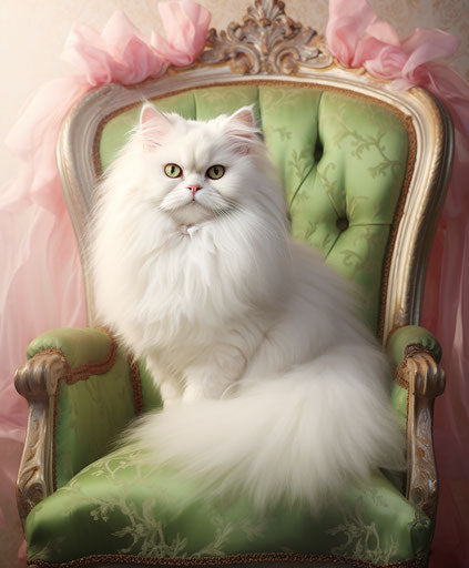White Persian cat on white wooden chair
