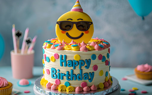 Birthday cake with yellow smiling emoji wearing sunglasses