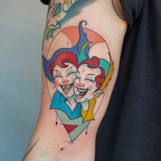 Cheerful tattoo sketch of an angel and devil sharing a laugh