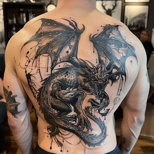 Fantasy dragon cover up tattoo in the style of Gerald Brom