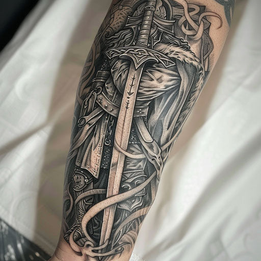 Legendary king Arthur tattoo with Excalibur and Celtic knots in detailed black and gray on white background
