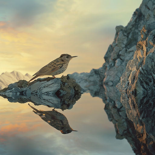 Reflection of a wall creeper bird on a calm mountain lake at sunset