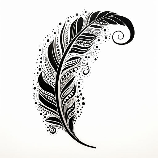 Black and white feather drawing, ornate decorations style, dreamy symbolism