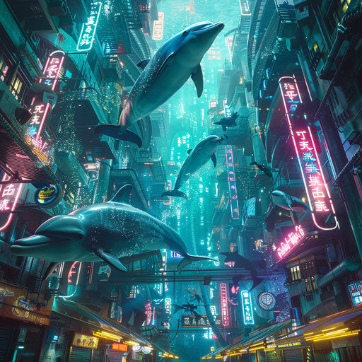 Futuristic underwater city with dolphins swimming