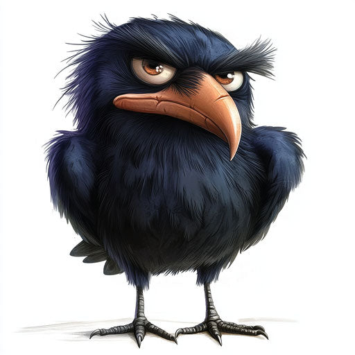 Humorous caricature of a raven with human characteristics