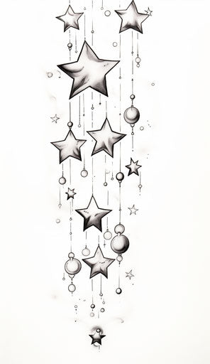 Black and white stars hanging on a white background, anime aesthetic style, tattoo 37:64