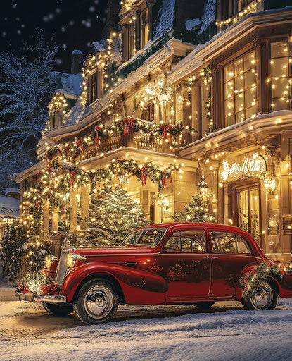Vintage red car outside old European hotel at night