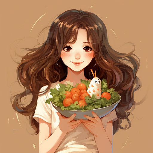 Cute cartoon girl in a bowl holding carrot and lettuce