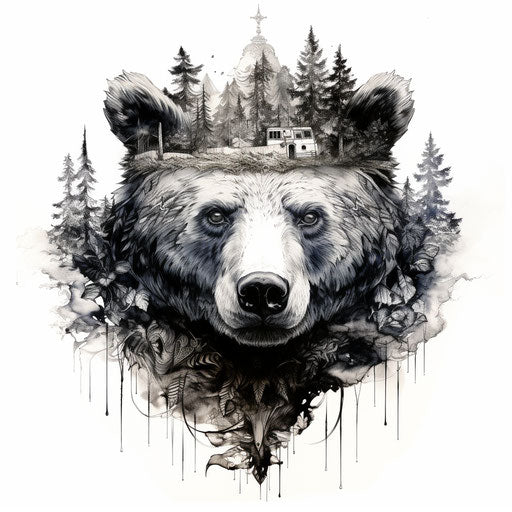 The mystical bear of the forest in black and white