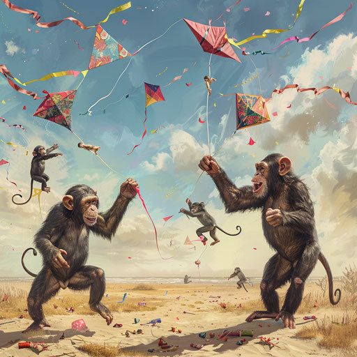 Playful scene of monkeys making and flying kites on windy day