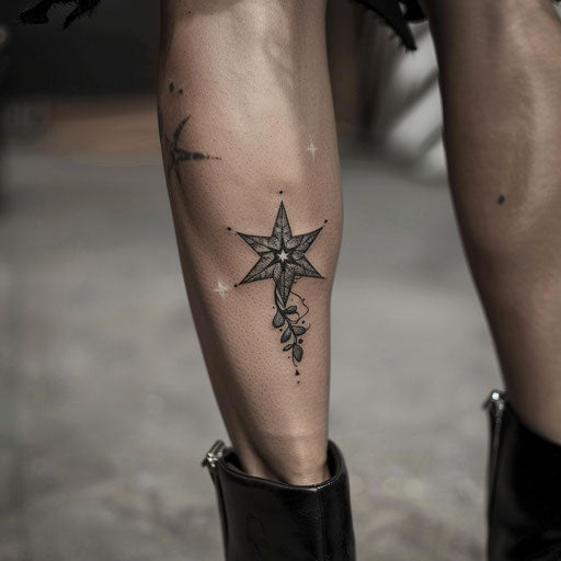 Leg tattoos for women in the style of Ami James featuring a minimalist star
