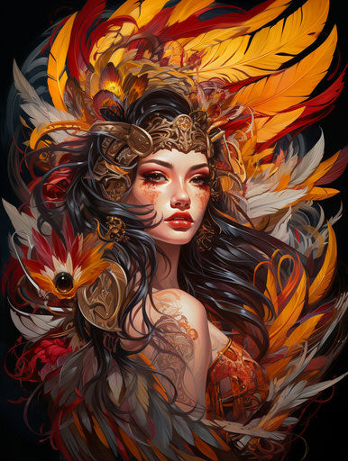 Tattooed lady with eagle head adorned with feathers