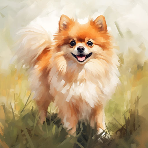 Red and white Pomeranian standing in grass