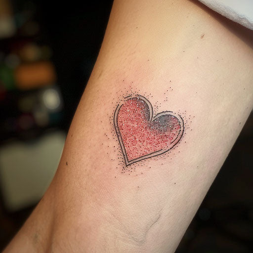 Minimalist sparkling tattoo sketch of a simple heart filled with red glitter