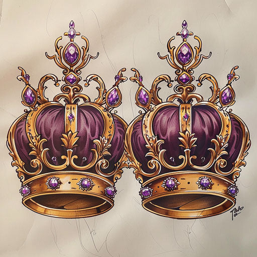 Regal tattoo sketches: king and queen's golden and purple crowns with jewels