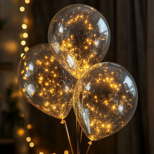 Six transparent balloons with golden lights inside