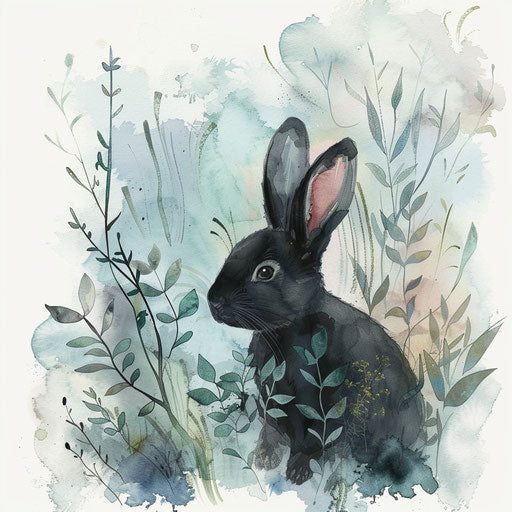 Black rabbit emerging from watercolor forest