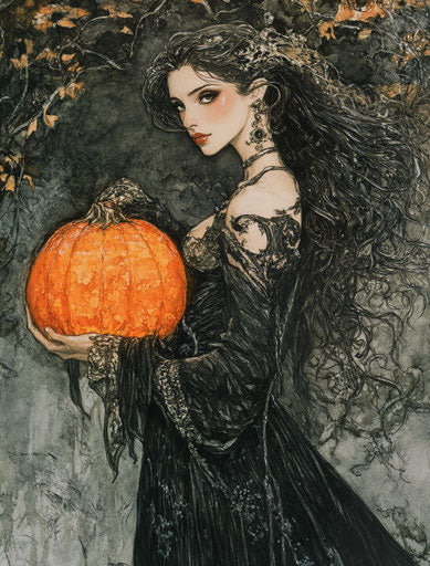 Witch with glowing pumpkin, inspired by Luis Royo and Yoshitaka Amano