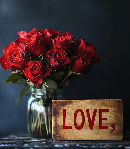 Bouquet of red roses with wooden LOVE sign