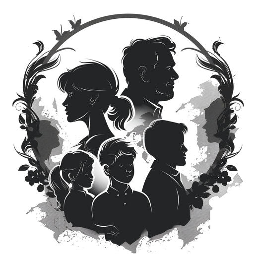 Elegant flat tattoo sketch of a family portrait in silhouettes