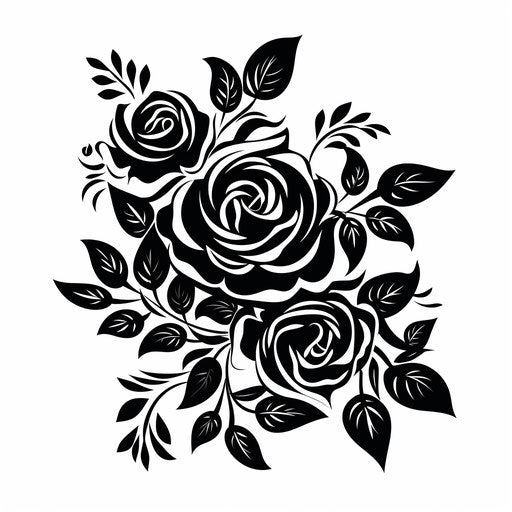Black roses and leaves on white background, stencil art style