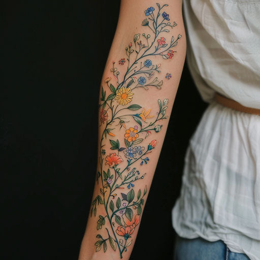 Wildflower vine tattoo wrapping around arm