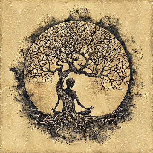 Imaginative tattoo sketch of figure practicing yoga under tree of life, with intricate branches and roots, in fantastical clipart style