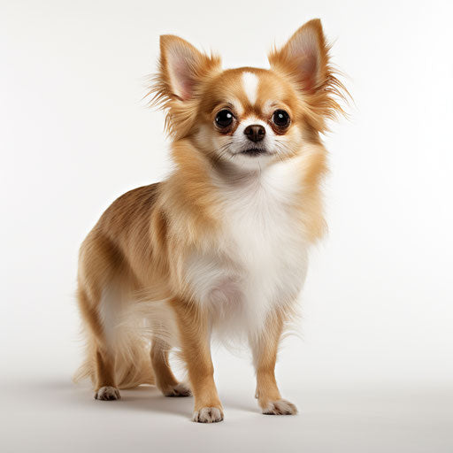 Adorable chihuahua on white background, light red and light beige style, delicate gold detailing, explosive pigmentation