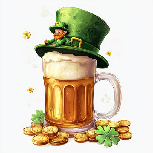 St. Patrick's Day hat with gold coins and leprechaun on mug