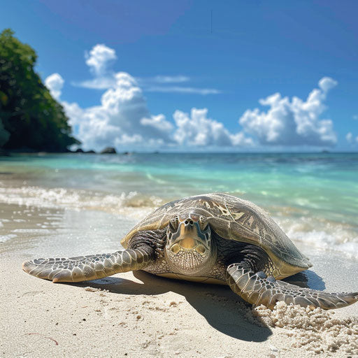 Olive ridley sea turtle lounging in sun on remote beach