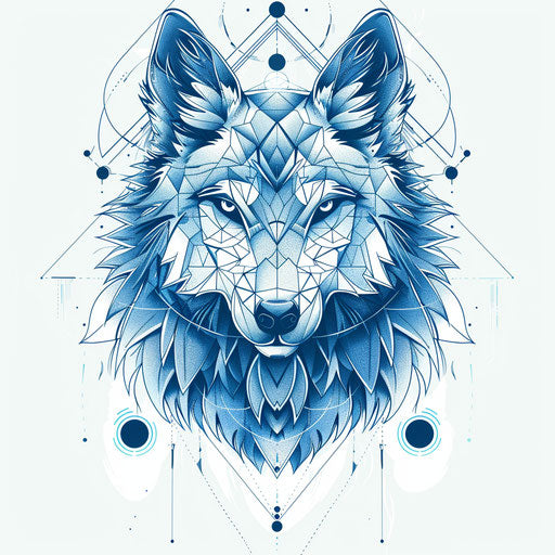 Balanced geometric wolf with symmetrical blue designs