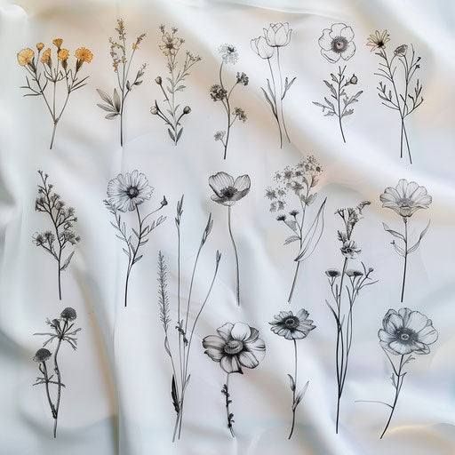 Collection of wildflower tattoos in Art Nouveau style
