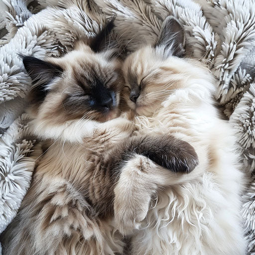 Two Himalayan cats napping together on a plush blanket