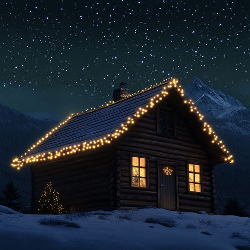 Wooden cabin in the mountains adorned with soft yellow lights
