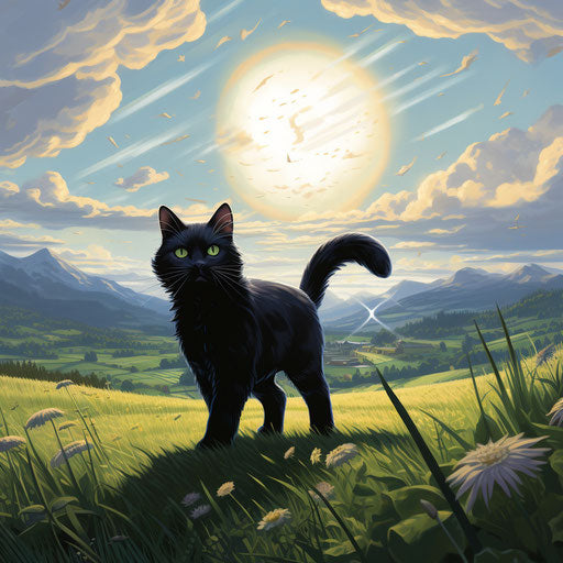 Black cat walking in an empty field above mountains