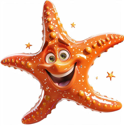 Orange starfish cartoon, cheerful style, shiny eyes glows