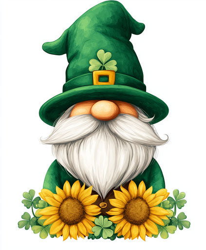 St. Patrick's Day Gnome, green hat with shamrocks and sunflowers