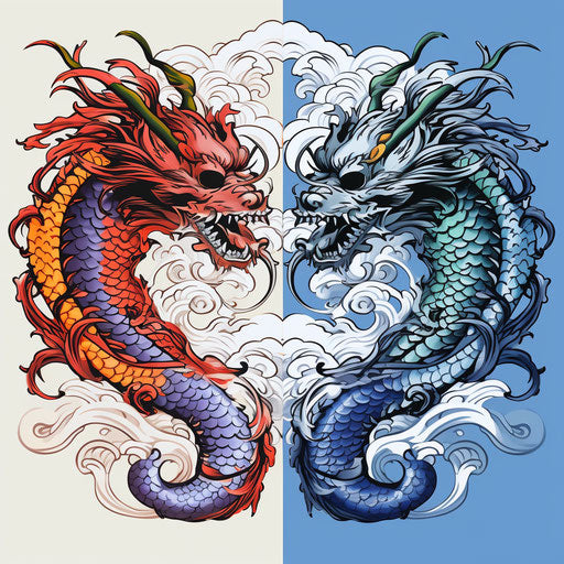 Two images of cheated Asian dragon tattoo designs with blue and white background