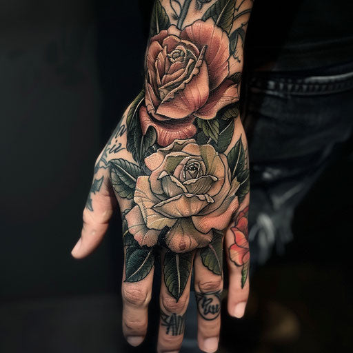 Rose hand tattoo in the style of Humberto Ramos with dynamic, action-packed rose scene