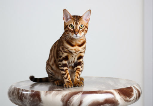 Bengal cat sitting on a white table