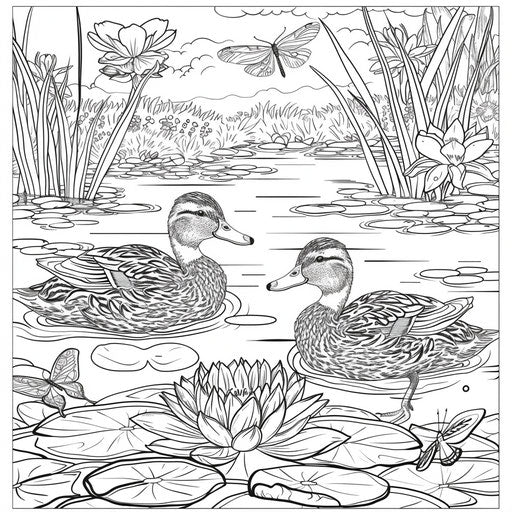 Ducks swimming in a lily pond with dragonflies